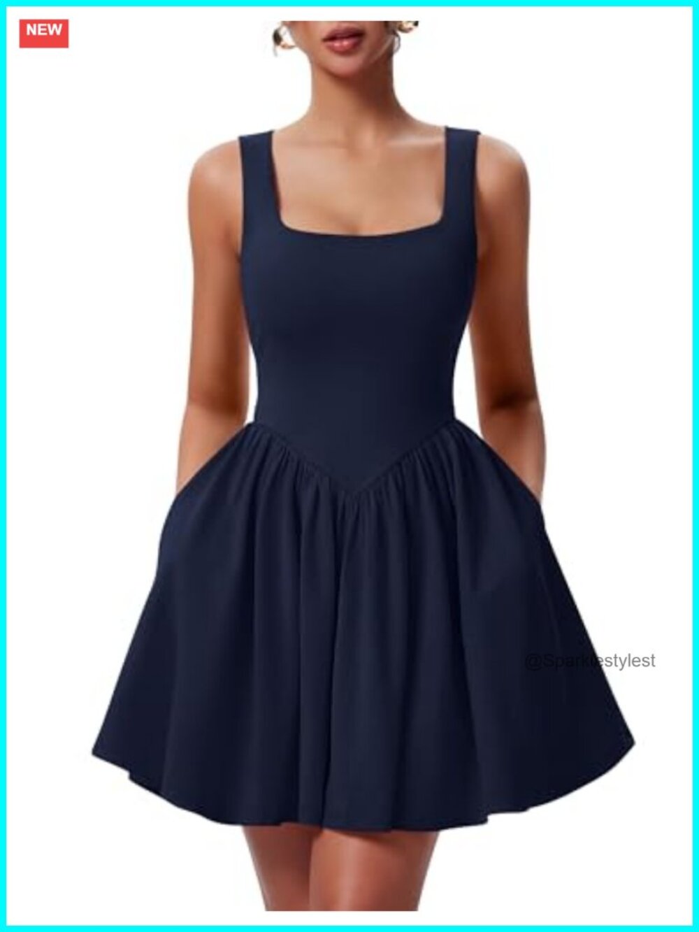 Sleeveless Square Neck A-Line Mini Dress with Ruffled Hem & Pockets